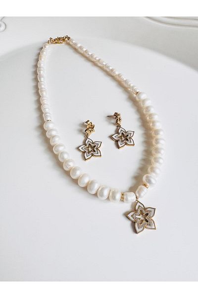 DEVİ fashion Real Pearl, Necklace Earrings Steel Set, Custom Design Set