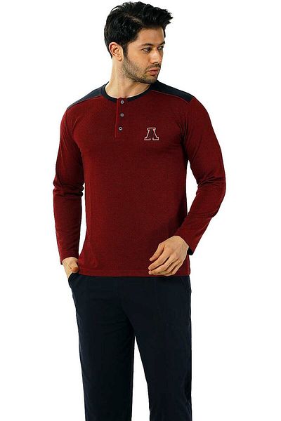 ALİMER Burgundy O Neck Placket Buttoned Long Sleeve Pocket Jacquard Men's Pajama Set Edy1136uk-b