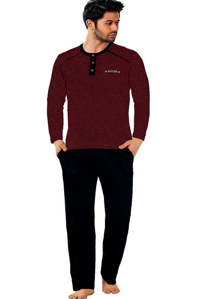 ALİMER Burgundy O Neck Placket Buttoned Long Sleeve Pocket Jacquard Plus Size Men's Pajama Set Edy1137ukb-b