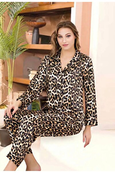 İpek Women's Long Sleeve Front Buttoned Satin Leopard Pattern Pajama Set