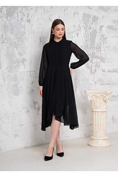 RİGALA SİYAH ŞİFON UZUN TÜL KOLLU YANDAN GİZLİ FERMUARLI ASTARLI MİDİ ELBİSE