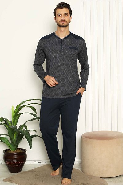 ALİMER Men's Smoked O-Neck Plaid Buttoned Long Sleeve Pocketed Plus Size Pajama Set Edy1179ukb-f