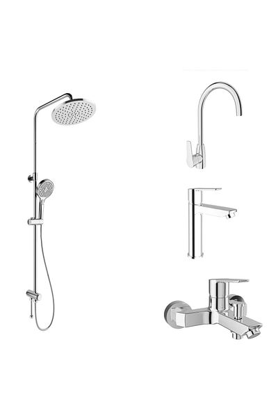 KALE Mare Bathroom + Sink + Kitchen Faucet and Rain Round Push Button Shower Bar