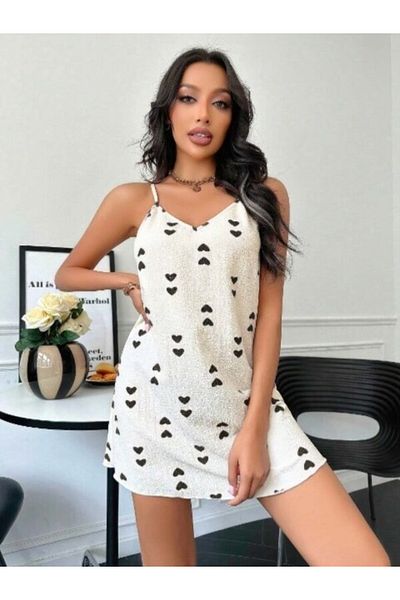 IVONA LINGERIE Black Heart Patterned Stylish Women's Satin White Nightgown