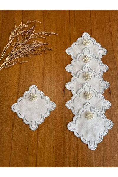 Smiling Home 6 Pieces Linen Silver Color Double Row Embroidered Wavy Cloud Patterned Pearl Cocktail Presentation Napkin