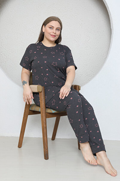 FAMES PİJAMA Plus Size Star Heart Patterned Pajama Set