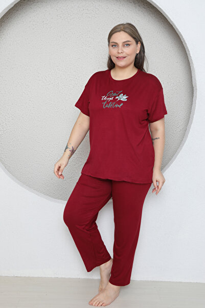 FAMES PİJAMA BÜYÜK BEDEN LİKRALI RİNG VİSKON KISA KOL YAZLIK PİJAMA TAKIM