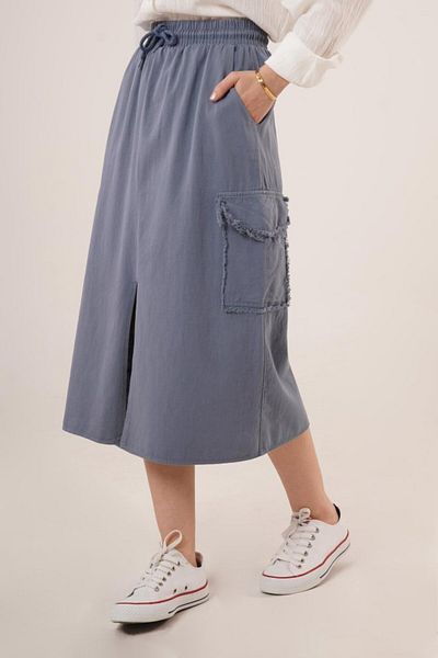 COTTONLAB Indigo Skirt with Front Slit and Pocket Detail