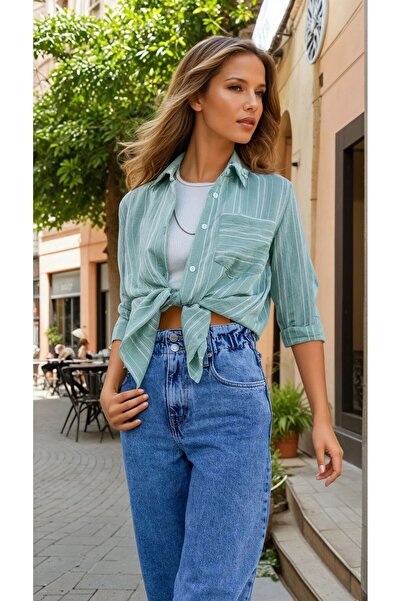 Pasaklı Giyim Cămașă de bază pentru femei, verde pastel, cu dungi verticale, ...