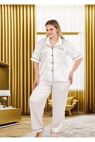 İpek Women's Short Sleeve Front Buttoned Plus Size Satin Solid Color Pajama Set