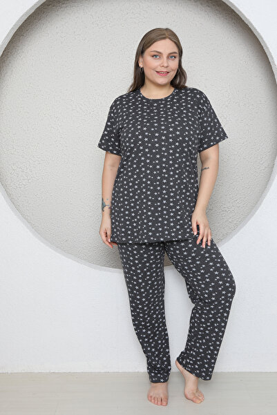 FAMES PİJAMA Plus Size Long Sleeve Seasonal Star Patterned Pajama Set