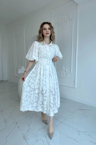 HELİS BUTİK Belted Balloon Sleeve Jacquard Ecru Dress