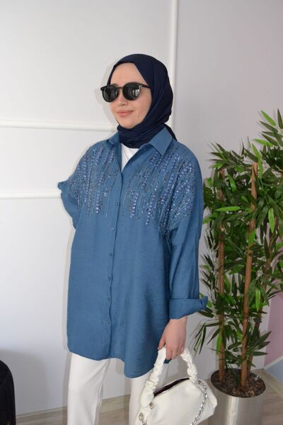 ASELA. قميص تونيك كبير الحجم مطرز من الأمام