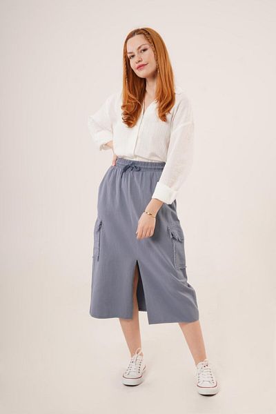 COTTONLAB Indigo Skirt with Front Slit and Pocket Detail