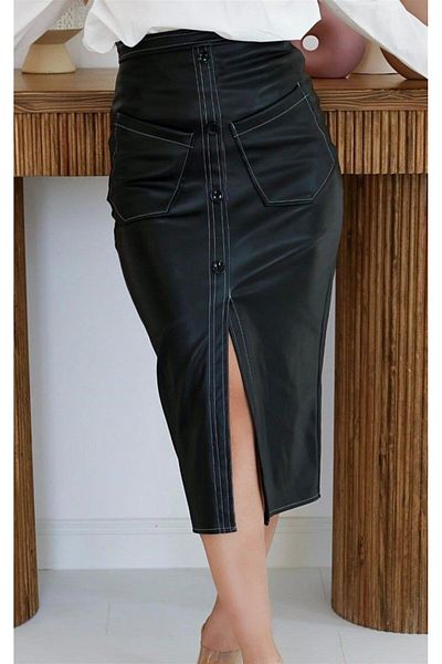 COTTONLAB Black Leather Skirt with Pocket Detail