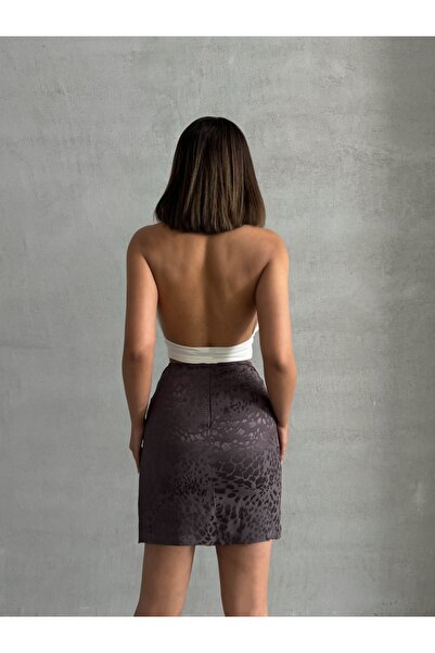 BEJNA Fusta de damă maro din satin cu model leopard