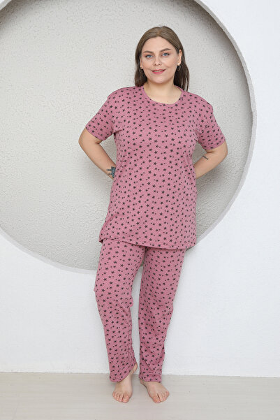 FAMES PİJAMA Plus Size Powder Star Patterned Pajama Set