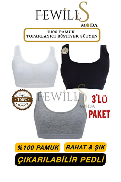 FEWİLLS MODA 100% Cotton Pack of 3 Stylish and Comfortable Removable Padded W...