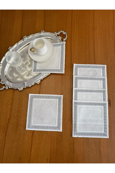 Smiling Home 6 Pieces Linen Smoked Color Stylish Embroidered Caravan Model Square Cocktail Presentation Napkin