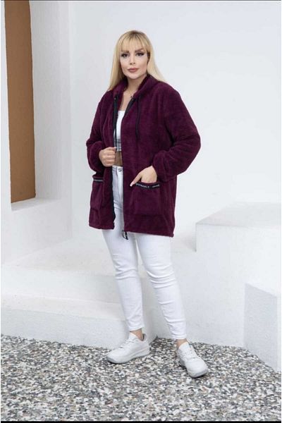 BİrHoşButik PLUS SIZE LYCRA SOFT POCKET HOODED RIBBED ZIPPER WINTER TREND PLUSH FLEECE CARDIGAN