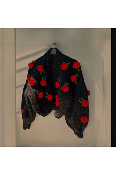 Melonndesign Gül Detayli El Örgüsü Kadın Hırka, Çiçekli Hırka,Trend Hırka