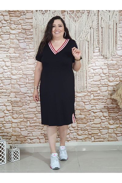 BİrHoşButik Plus Size Full Lycra Shows No Inner Knit Trend V-Neck Short Sleeve Medium Length Sweat-Free Summer Dress