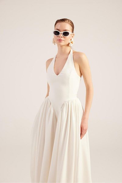 HOLLY LOLLY White Long Ophelia Dress - Halter Neck Fitted Waist