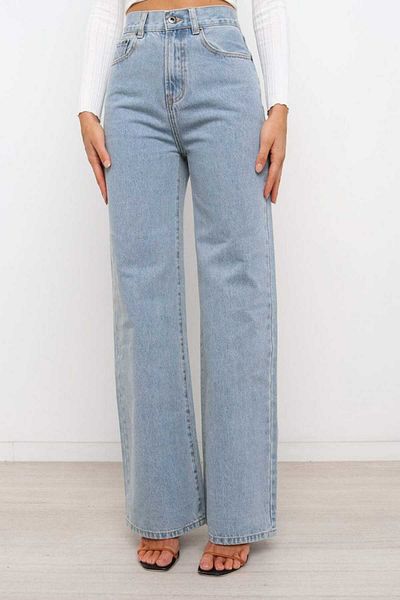 SHEVEGA Ice Blue High Waist Lycra Loose Wide Leg Loose Palazzo Jean Trousers