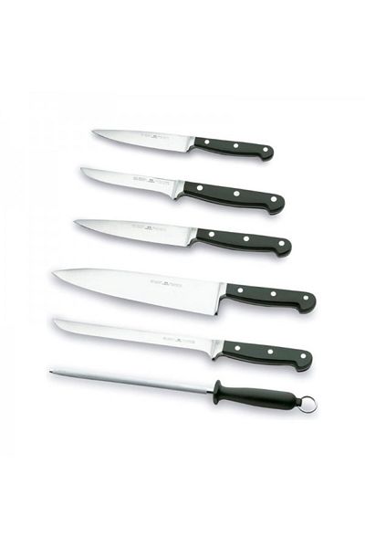Lacor Set of 5 knives and sharpener with wooden stand, Perfect Kitchen