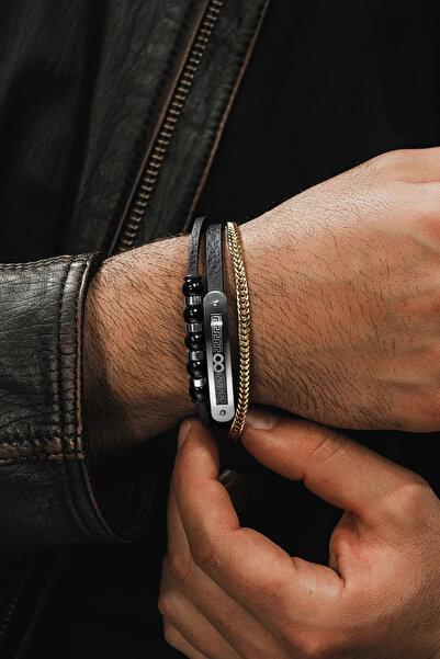 vogutima Men's Steel Bracelet - Natural Onyx Stone Leather Steel 3-Piece Grek...