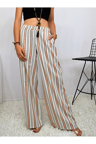 Pasaklı Giyim Women's Brick Beige Vertical Striped Elastic Waist Pocket Trousers Hijab Trousers3258200