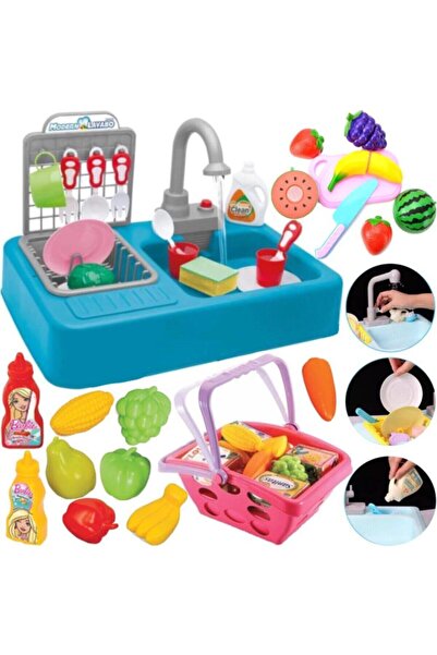 Oyuncakhane Mutfak Çeşmeli Lavabo Set + Aksesuarlı Market Sepeti + Tabaklar +...