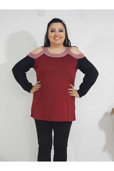 BİrHoşButik Plus Size Full Lycra Off the Shoulder Cycling Collar Seasonal Trend Long Women's Sweat-Free Color Bluz
