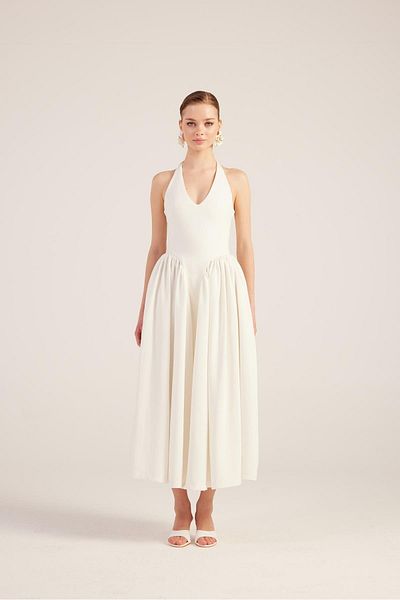 HOLLY LOLLY White Long Ophelia Dress - Halter Neck Fitted Waist