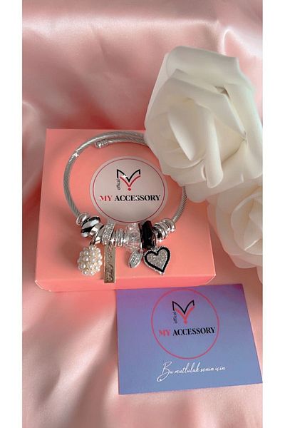CLARİS Charm Steel Bracelet with Black Stone Heart Figure