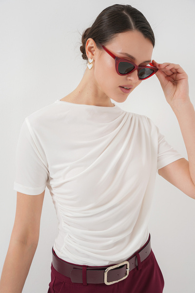 Bigdart Short Sleeve Sandy Blouse with Shirring Detail 945 - White