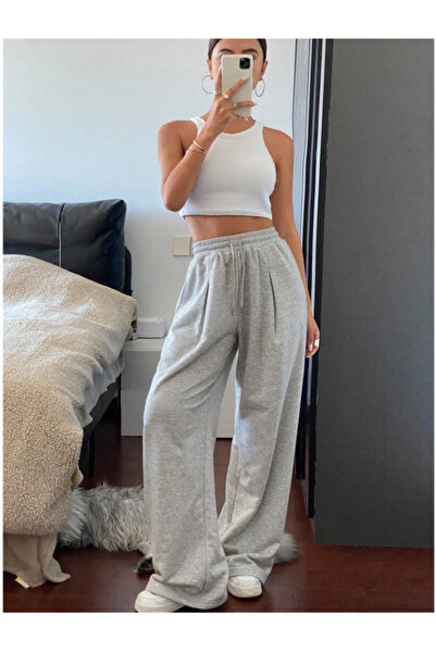 yx yustex sport Kadın Gri Baggy Bol Kesim Esnek Rahat Kumaş Eşofman Altı ŞAH MODA