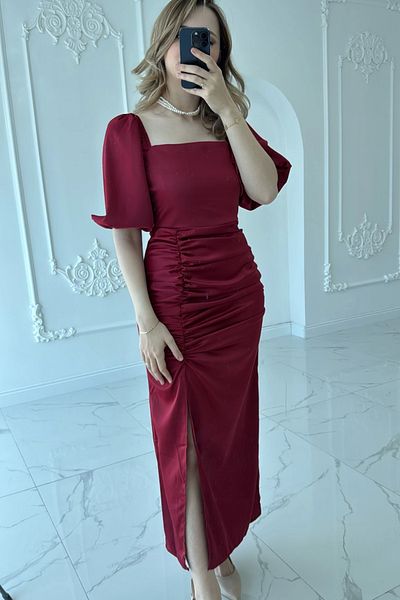 HELİS BUTİK Square Collar Satin Burgundy Dress with Shirred Front Slit
