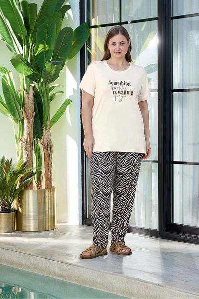 Aydoğan Γυναικείο Σετ Πιτζάμες Plus Size - Lodos Store Ευέλικτο Ζέβρα Βισκόζη Μπεζ