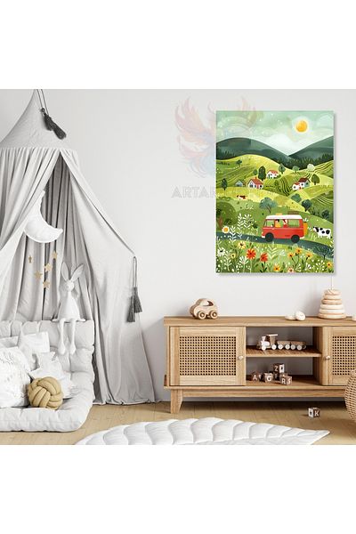 Artarilion Pânză cu model de sat drăguț tabloul print pentru camera de joc Decor de perete