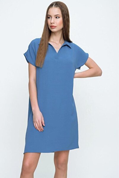 Pasaklı Giyim Rochie midi scurtă, casual, cu mânecă scurtă, cu gât polo, indigo, pentru femei, Notebook 2883230