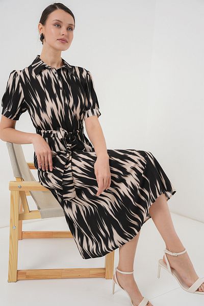 Bigdart Gemustertes Kurzarmkleid 2532 - Schwarz