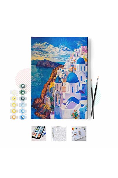 Pastelya Sayılarla Boyama Seti Çerçeveli Kasnaklı Yunanistan Evleri 40 x 50 Cm
