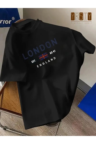 NoVibe تي شيرت من القماش الفاخر مصنوع من القطن بنسبة 100% مطبوع عليه لندن للج...