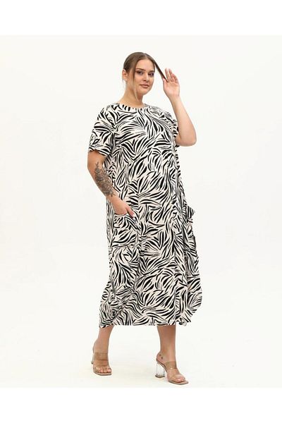 BİrHoşButik Plus Size Extra Lycra Short Sleeve Crewneck Trendy Summer Non-Sweat Shows No Printed Dress