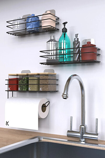 BANİO HOME Siyah Yapışkanlı 2 Adet Mutfak ve Banyo Rafı ve Rulo Havlulu Bahar...
