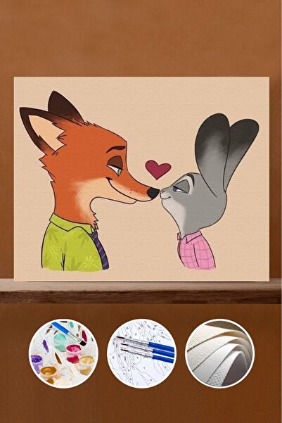 Pastelya Sayılarla Boyama Seti Çerçeveli Kasnaklı Tavşan Ve Tilki Aşkı 50x65 Cm