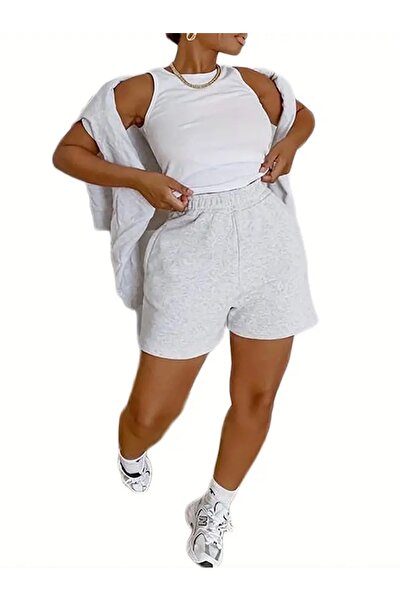 CAONNES Γυναικείο γκρι σορτς μεγάλου μεγέθους, φαρδύ αθλητικό παντελόνι, άνετ...