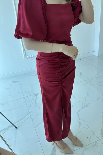 HELİS BUTİK Square Collar Satin Burgundy Dress with Shirred Front Slit