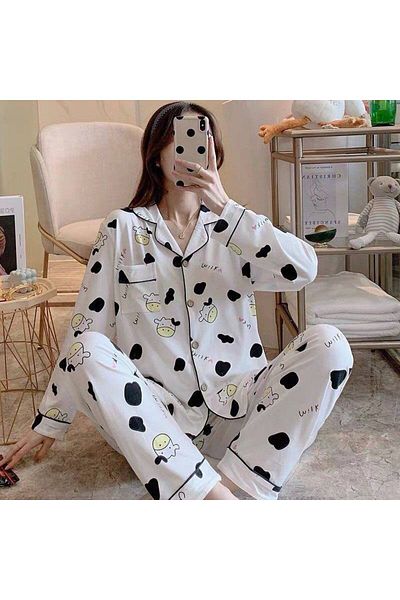 CSR HOMEWEAR Set pijamale cu mânecă lungă pentru femei, cu nasturi, model alb de vacă